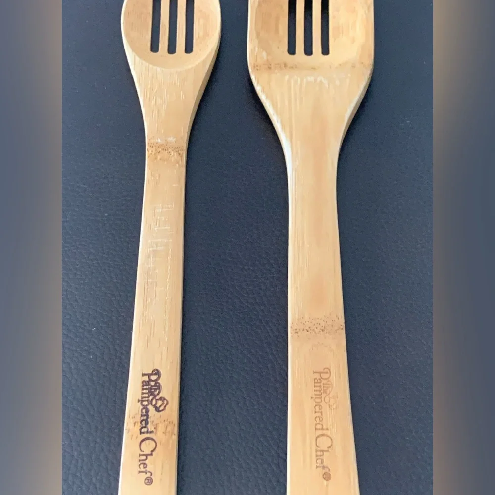VTG Pampered Chef Slotted Wooden Utensils Bamboo Cooking Spoon Spatula Farmhouse